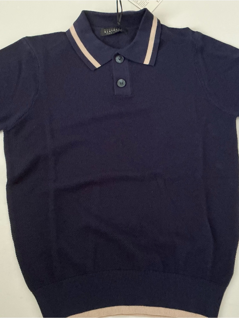 Maglificio Bartolini Navy V-Neck Short-Sleeve Sweater with Cream Trim Size S
